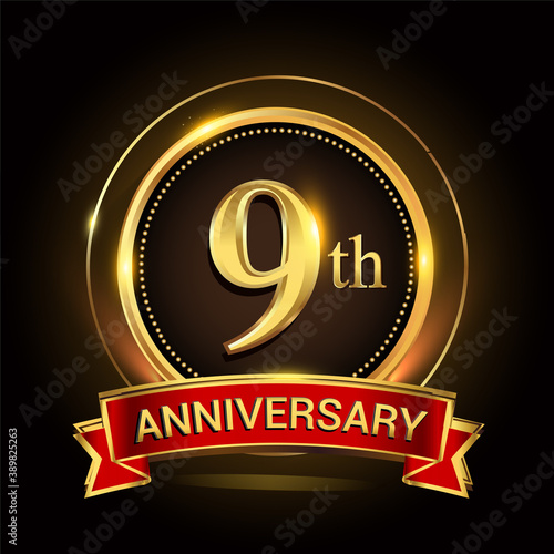 9th golden anniversary logo with ring and red ribbon. Vector design template elements for your birthday celebration.
