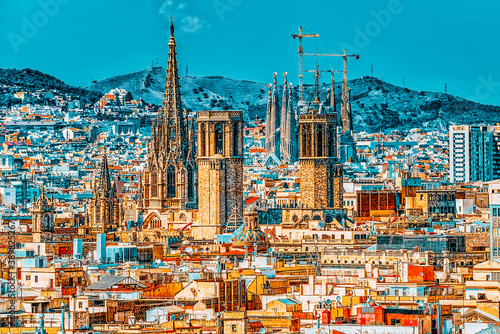 Obraz na plátně Panorama of the historical center of Barcelona, Catalonia. Spain