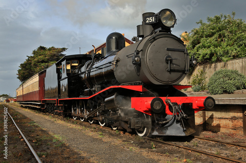 Walkers Ltd narrow gauge steam locomotive T251 (built 1917) with two carriages at Queenscliff railway station in Victoria, Australia.