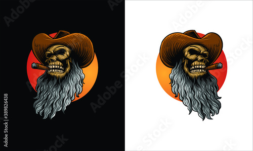 long bearded skull cowboy illustration