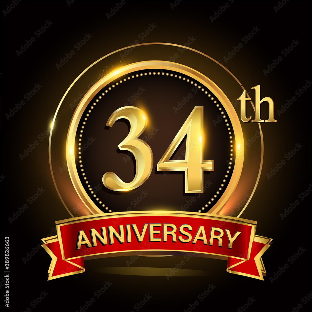34th golden anniversary logo with ring and red ribbon. Vector design template elements for your birthday celebration. 34th golden anniversary logo with ring and red ribbon. Vector design template elements for your birthday celebration.