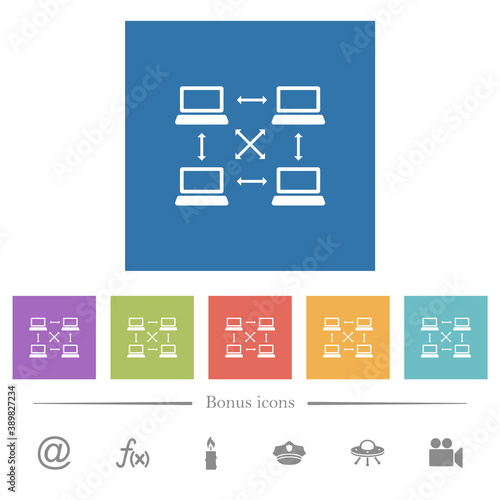 Content delivery network flat white icons in square backgrounds