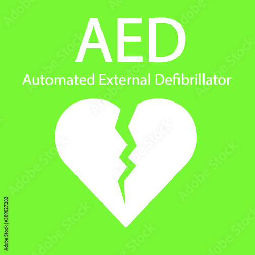 AED,automated external defibrillator / aed sign with heart and electricity symbol flat vector icon	
