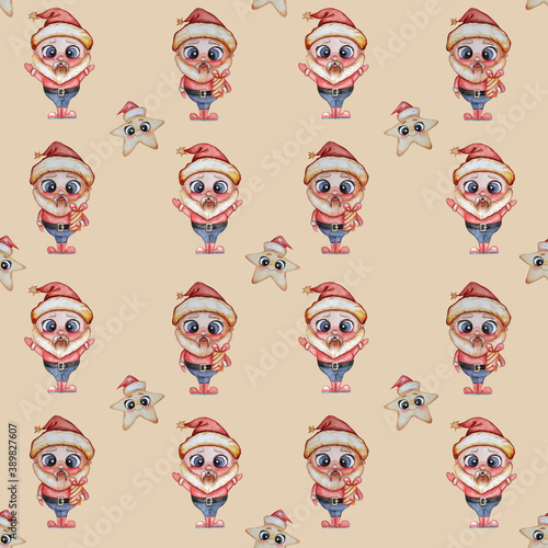 Christmas Seamless Pattern. Cute, playful old man Santa Claus with a gift and a cheerful star in a cap on a beige background. Watercolor. Hand drawing.