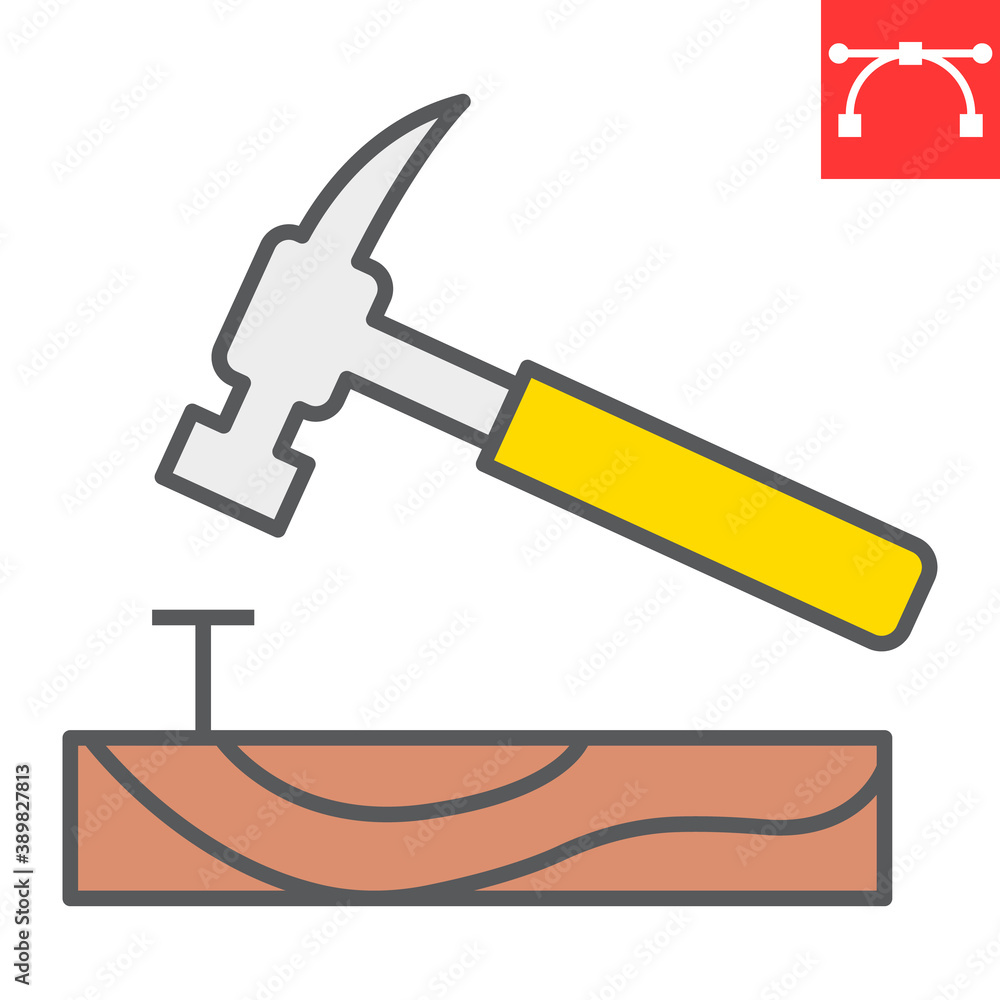 Hammer with nail color line icon, construction and industry, hammer sign vector graphics, editable stroke filled outline icon, eps 10.