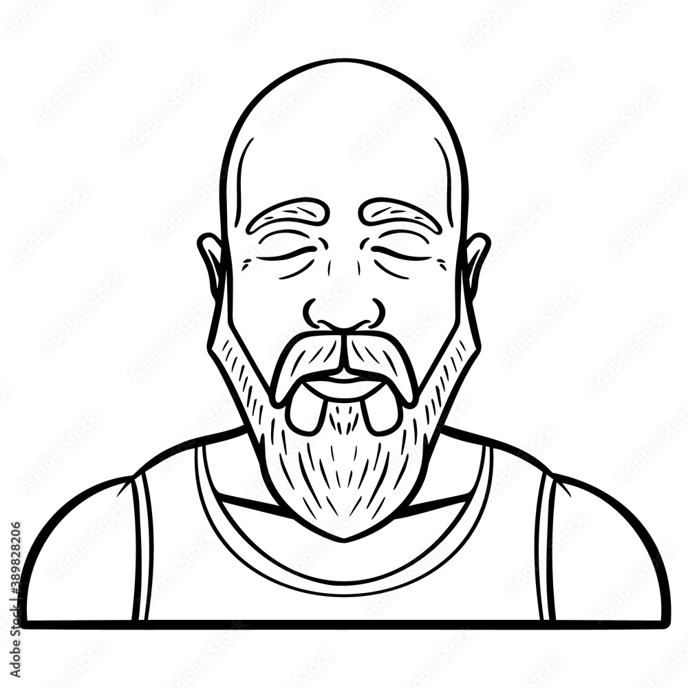 monochrome drawing of a bald man with a beard with undershirt and eyes closed. comic avatar, old. monochrome drawing of a bald man with a beard with undershirt and eyes closed. comic avatar, old.