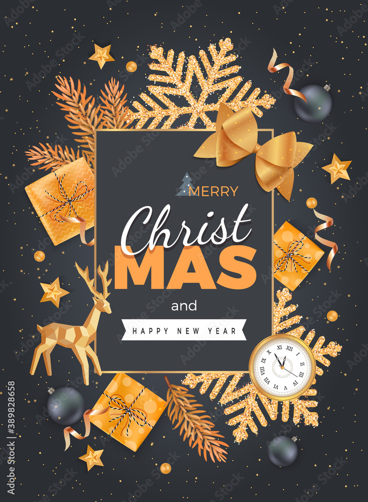 Fototapeta premium Merry Christmas and Happy New Year Greeting Background. Xmas card. Banner template. Golden snowflakes with confetti, gift boxes, wall clock, fir branches, deer, balls, stars.