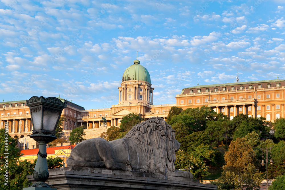 View of the Buda Castle in Budapest from the Széchenyi Chain Bridge, sculpture of the lion in the foreground.