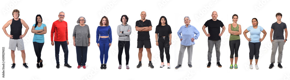 front view of a group of women and men wearing sportswear on white background front view of a group of women and men wearing sportswear on white background