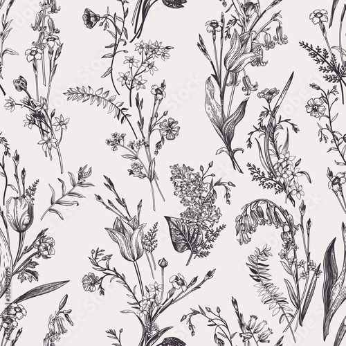 Seamless botanical pattern. Black and white.