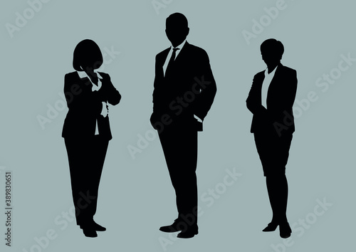 Business people group silhouettes pose on grey colour background, flat line vector and illustration.
