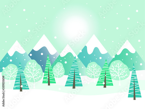 Winter landscape with trees, snow, forest and mountains. Vector illustration.