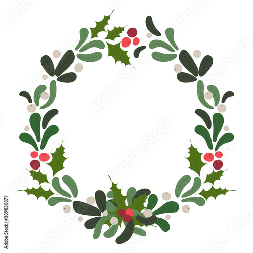 Merry Christmas and Happy New Year vector stock illustration in flat style. Greeting card element with winter floral. Christmas wreath isolated on white background for your winter design.