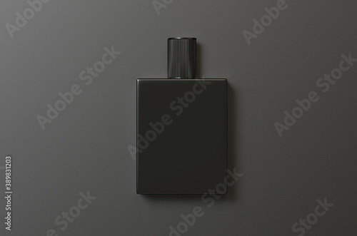 Black fragrance perfume bottle mockup on dark empty background, 3d illustration