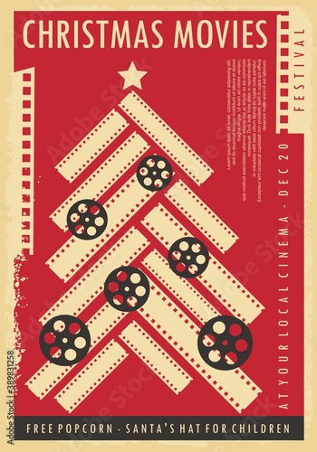 Christmas movie show retro poster design with Christmas tree made from film strips. Vector image.