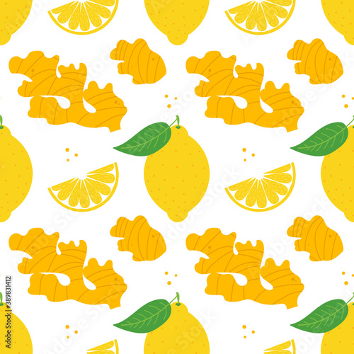 Cartoon style vector ginger and lemon vector seamless pattern background.
