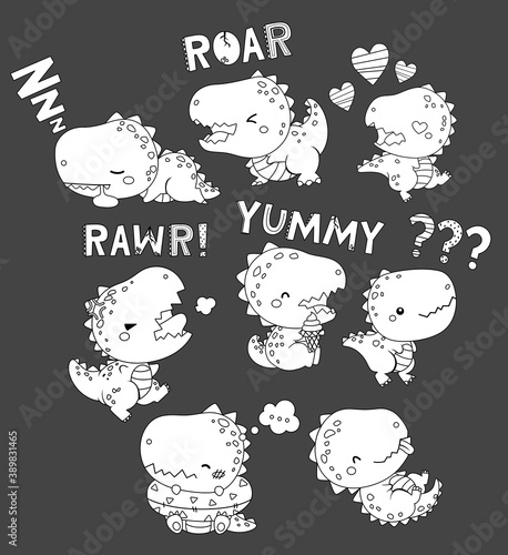 cute vector of many cute dinosaurs in black and white colours
