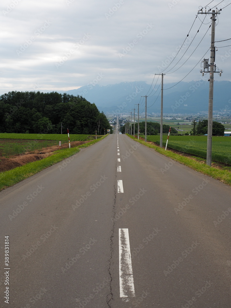 A long straight road with mountains in the background on cloudy summer day in Hokkaido, northern Japan
