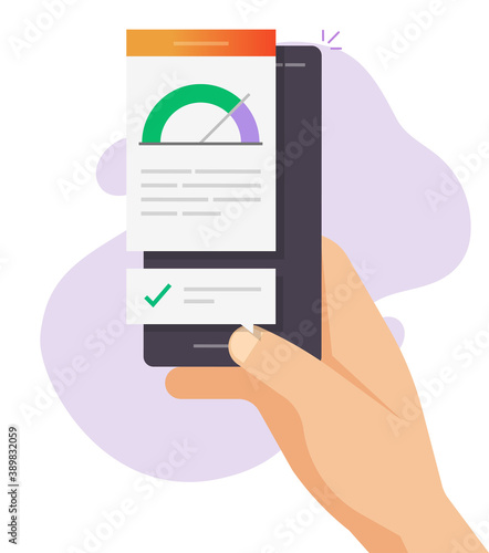 High loading time speed test performance online report on mobile phone smartphone vector flat cartoon illustration, cellphone speedometer app development meter app on screen and man hand