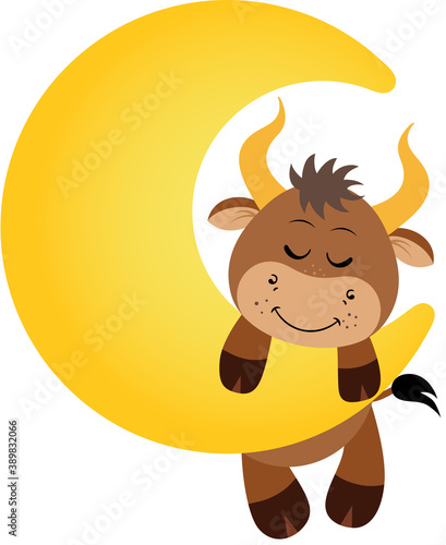Cute sleeping ox hanging on moon
