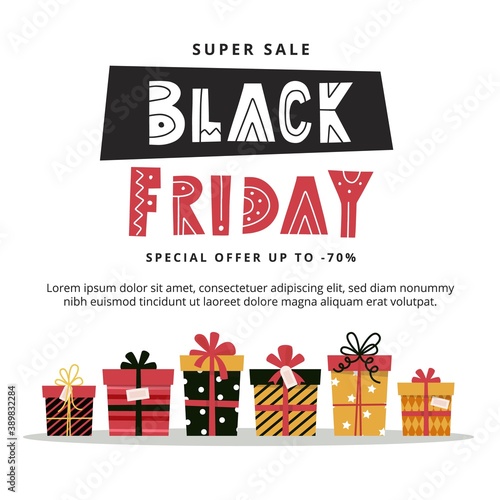 Black friday banner template with doodle elements, vector illustration