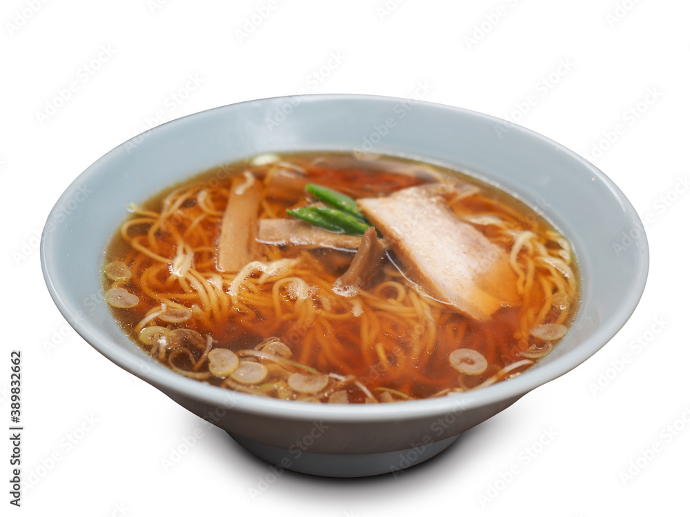 Japanese soba noodles in a hot soup with pork and green onion isolate white background Japanese soba noodles in a hot soup with pork and green onion isolate white background