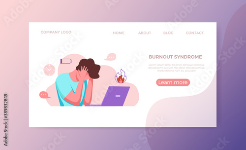 Professional burnout syndrome exhausted man tired sitting at her workplace in office holding her head
