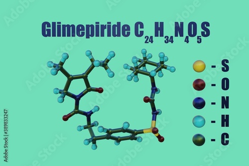 Structural chemical formula and molecular model of glimepiride, a drug used to treat diabetes mellitus type 2. Scientific background. 3d illustration photo