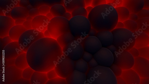 Abstract background of black spheres glowing red light 3d illustration
