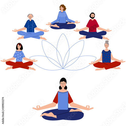 Yoga is for Everyone. Group of Pople Difrent Age Meditate Together to feel more Relaxed, Clam and Free. Meditating in Yoga pose.