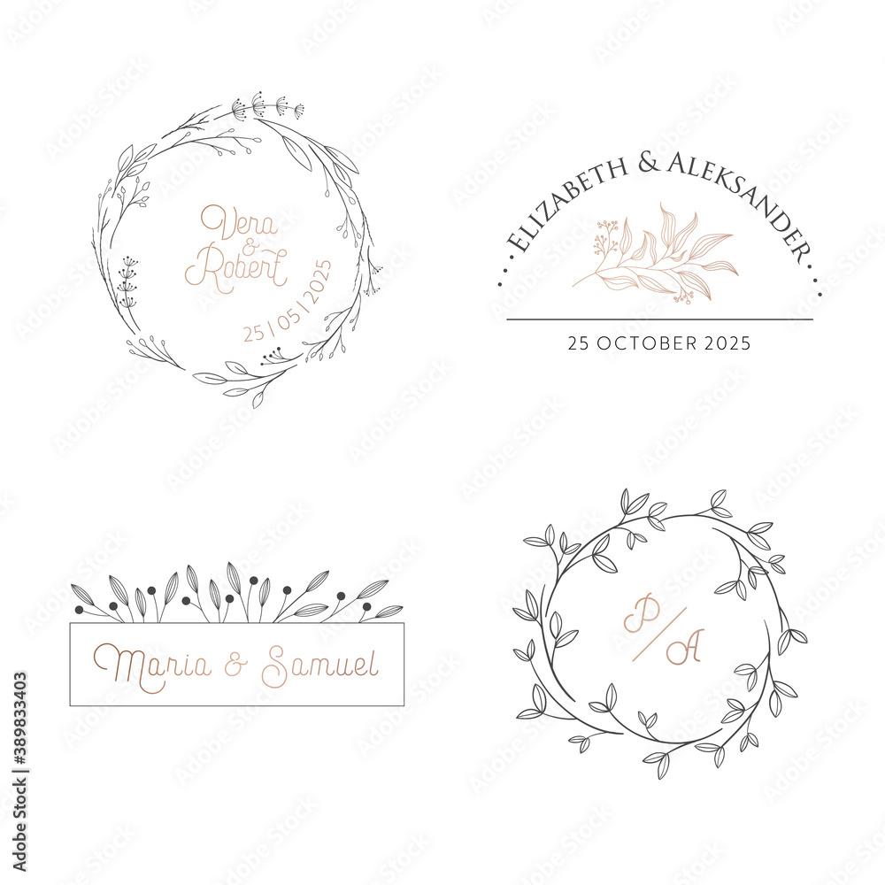 Wedding floral monogram modern collection, minimalistic laurel vector templates, wreath for Invitation