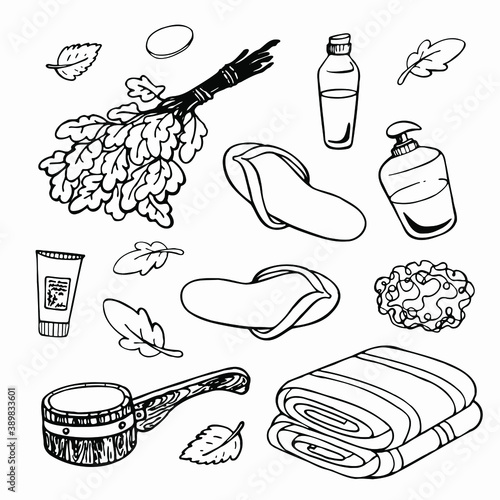 Sauna items, slippers, essential oil, soap, birch whisk, set for sauna and bath