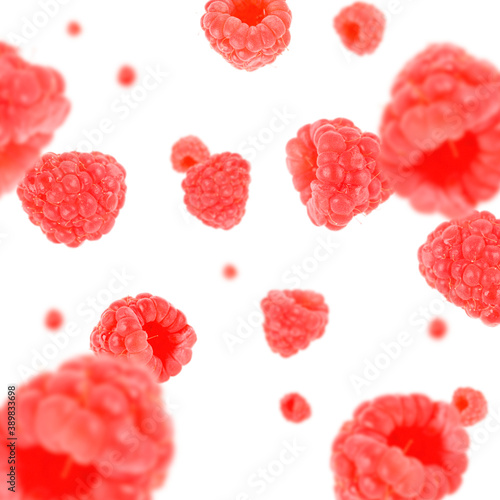 Many raspberries free falling on white background. Selective focus - shallow depth of field.
