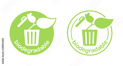 Biodegradable products sign - plant growths from trash bin - eco friendly compostable material production (environment protection emblem)