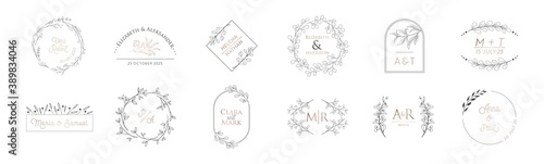 Wedding monogram modern collection, minimalistic floral vector templates, wreath for Invitation
