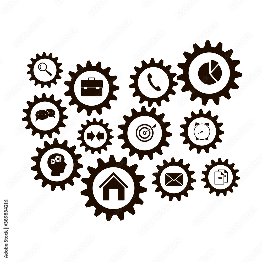 Vector collection of flat business icons. Gears, diagram, email, case, arrows, man, alarm clock, pointer and house Vector collection of flat business icons. Gears, diagram, email, case, arrows, man, alarm clock, pointer and house