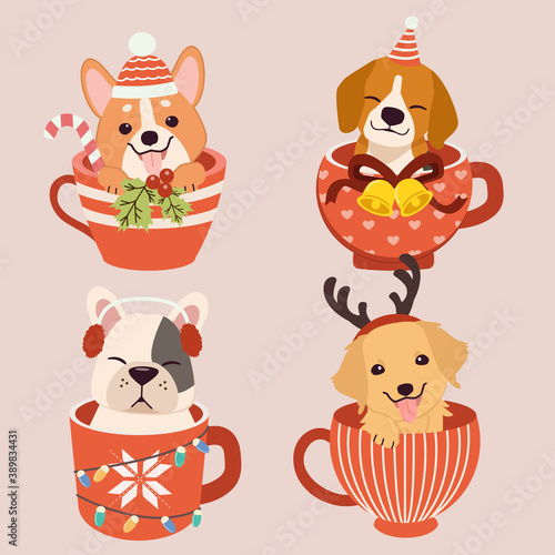 The collection of cute dog sitting in the mup cup withh christmas party theme. Graphic resource for graphic,content , banner, sticker label and greeting card.