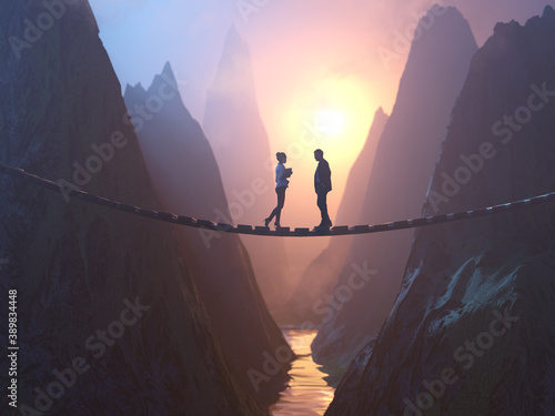 two people meet on the bridge photo