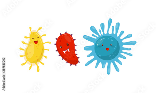 Cute Bacteria or Virus Floating and Smiling Vector Set
