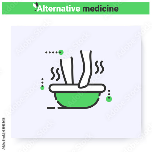 Balneotherapy line icon. Foot thermal bath. Foot spa, hydrotherapy. Health care and wellness. Complementary and alternative medicine types. Isolated vector illustration. Editable stroke 