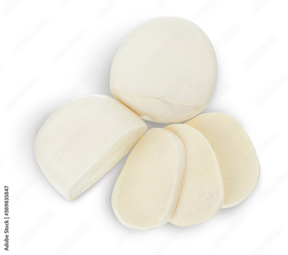 Mozzarella cheese sliced with basil leaf isolated on white background with clipping path. Top view. Flat lay Mozzarella cheese sliced with basil leaf isolated on white background with clipping path. Top view. Flat lay