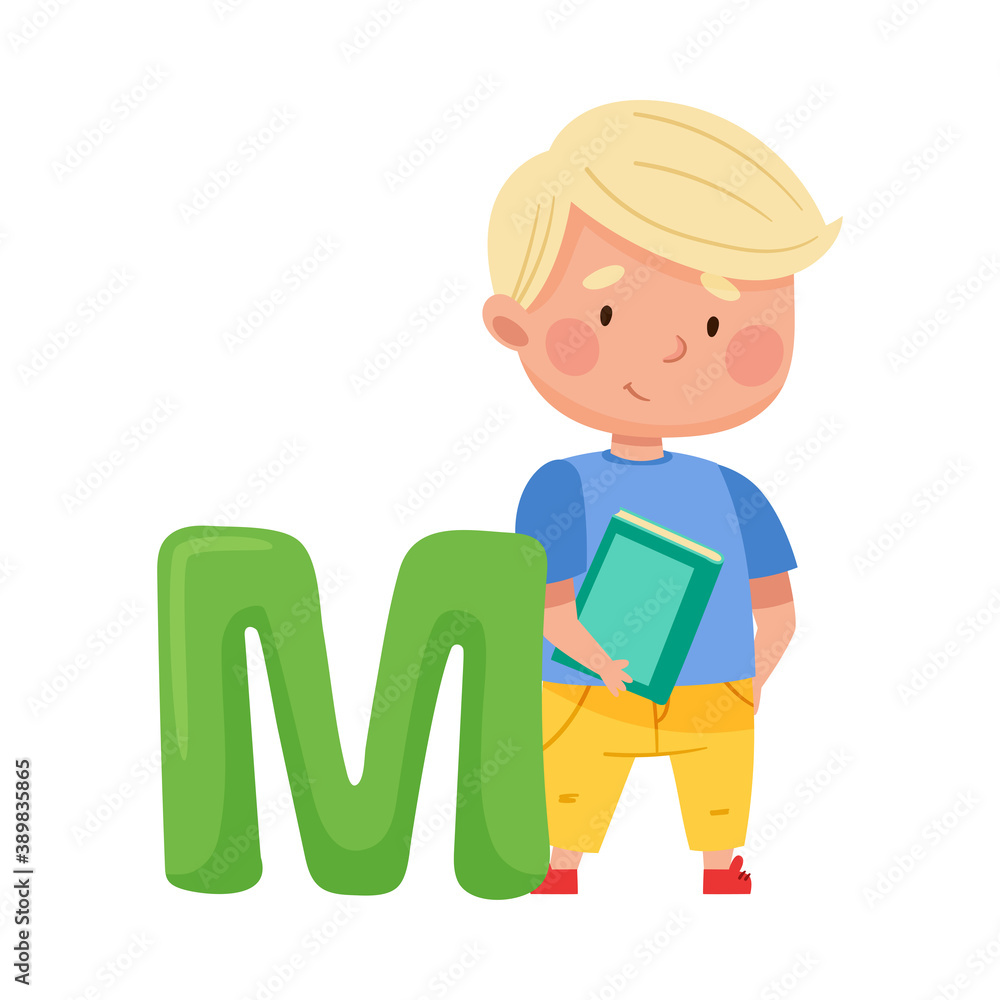 Smart Boy Pupil Holding ABC Book and Standing Near Big Alphabet Letter M Vector Illustration Smart Boy Pupil Holding ABC Book and Standing Near Big Alphabet Letter M Vector Illustration