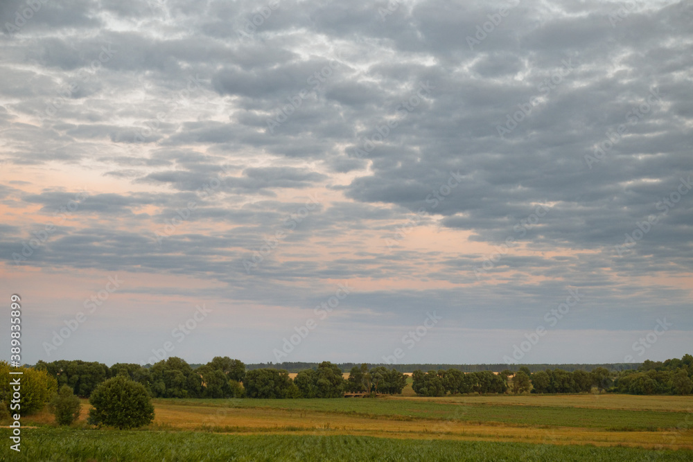 blue sky with variegated clouds over the field