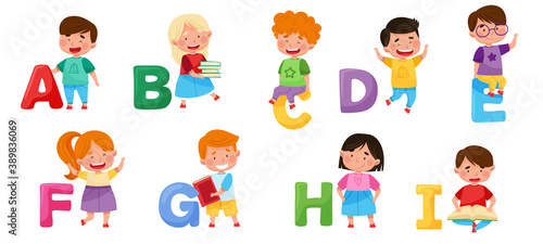 Cheerful Kids and Big Alphabet Letters Vector Set