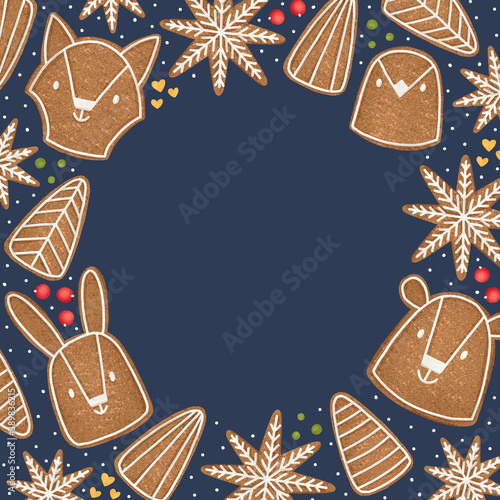 Round card sample with cute cartoon gingerbread cookies. Circle frame made up of Christmas or New Year elements with blue background. Winter holiday sweets digital illustration for print and design.