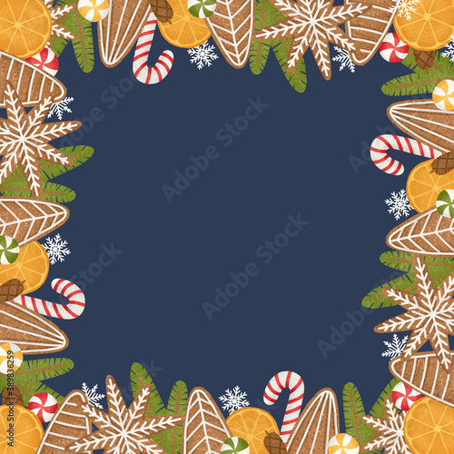 Square card sample with gingerbread cookies as snowflakes and trees. Christmas or New Year colorful elements with blue background. Winter holiday sweets digital illustration for print and design.