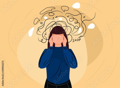 Fototapete Woman headache or anxiety attack crisis