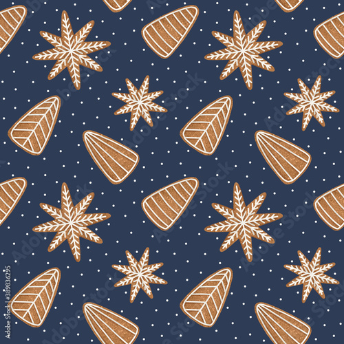 Seamless pattern with gingerbread cookies as snowflakes and trees. Christmas or New Year elements with blue background. Winter holiday digital illustration for print, design, wallpaper, texture.
