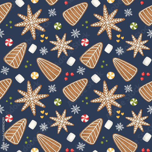 Seamless pattern with gingerbread cookies as snowflakes and trees. Christmas or New Year elements with blue background. Winter holiday digital illustration for print, design, wallpaper, texture.