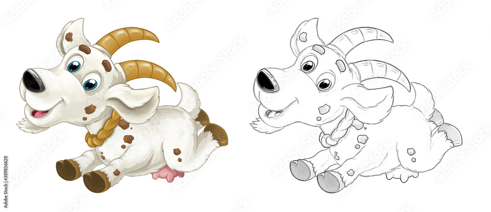 Cartoon sketch scene with horned goat standing and looking illustration